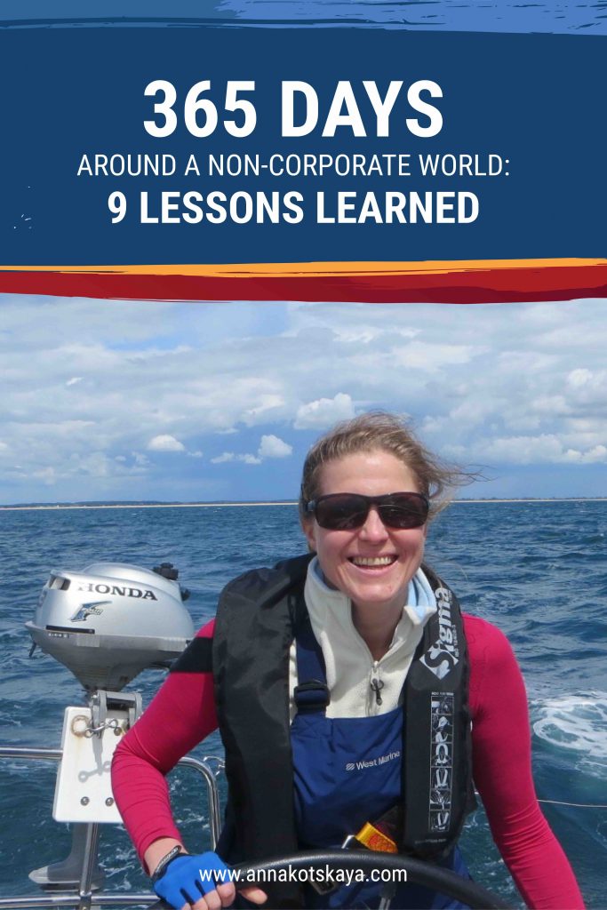 An image of Anna Kotskaya on a yacht with the title of the article on top, behind a solid horizontal blue background.